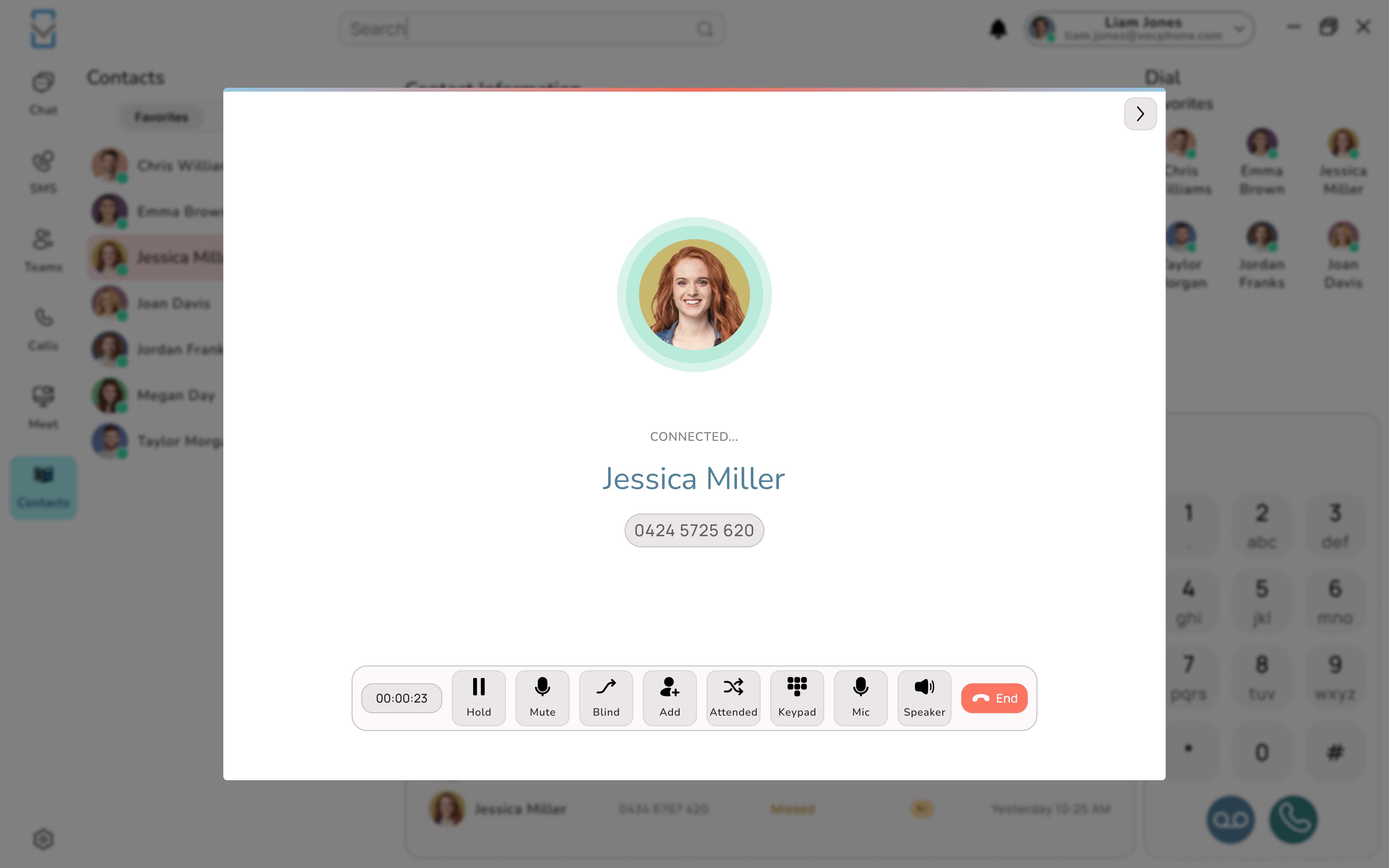 Uniden Voice Over Cloud desktop app - Active call screen with controls
